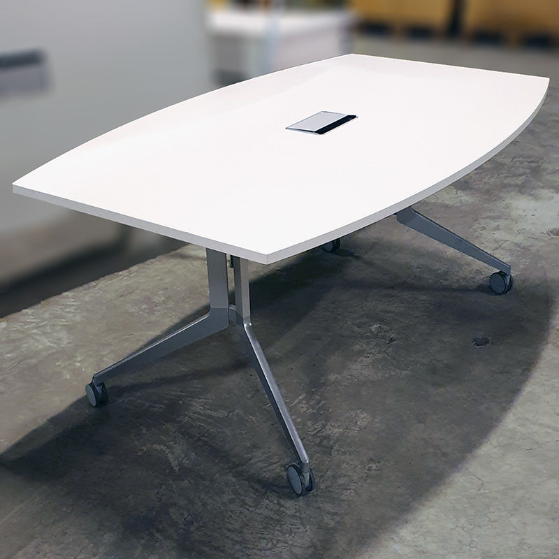 Møtebord hvitt båtformet 160 x 80/100 cm på hjul vippefunksjon luke