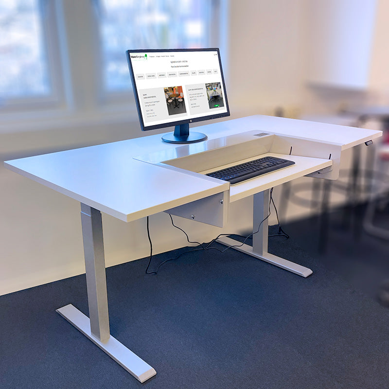 Skrivebord komplett lys grå 160 x 80 med Dyna Desk ergonomisk innsats grått elektrisk hev/senk understell NY