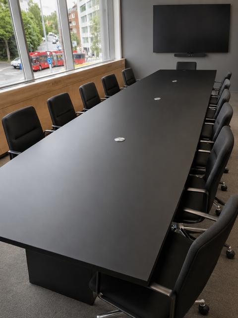 Møtebord sort båtformet 561 x 120 x 100 sort t- bens understell 2 kabelhull 2 powerdotter med strøm + usb