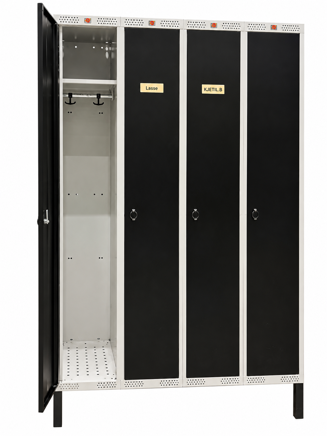 Garderobeskap 4 rom B120 D55 H194 hvitt med sorte dører